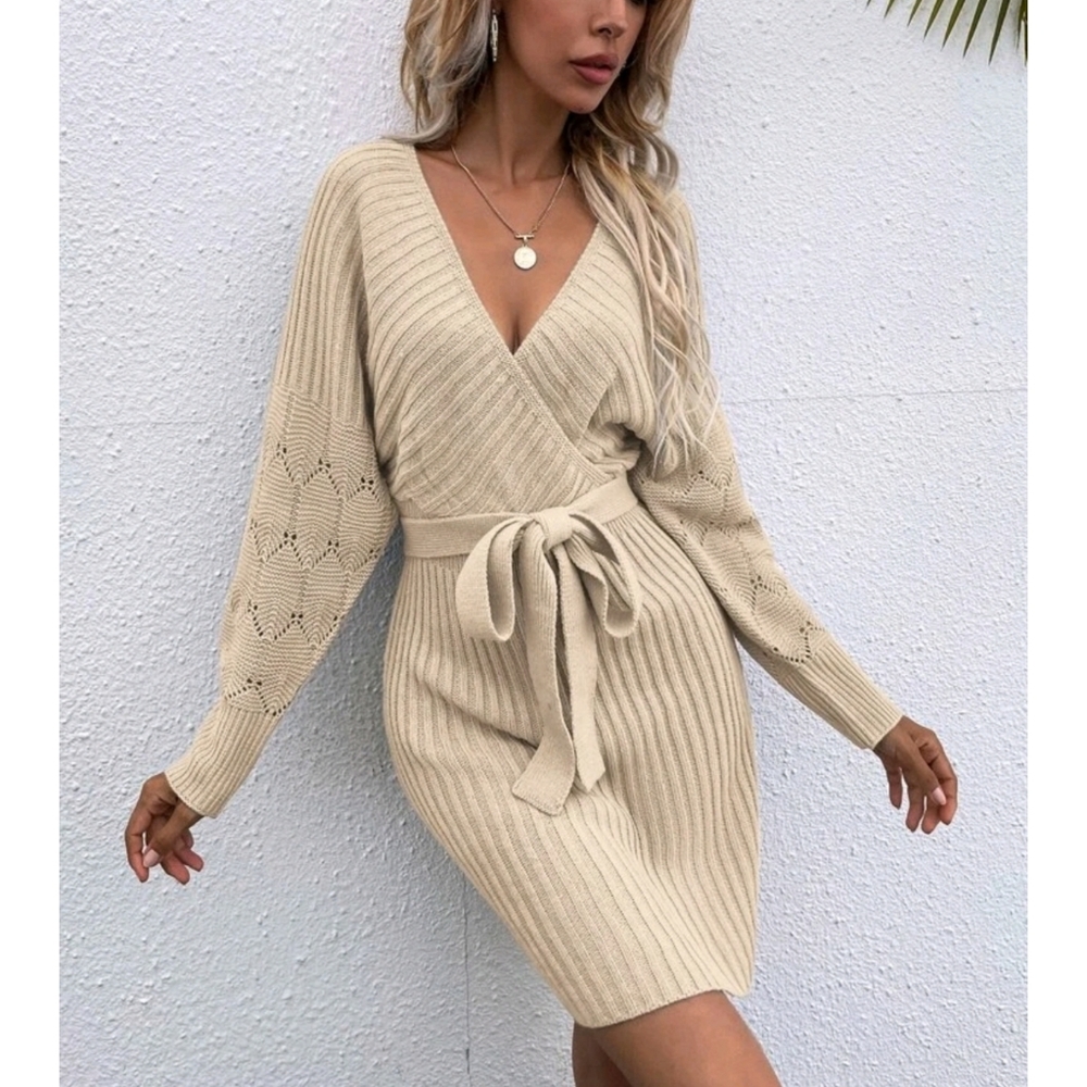 Knit Drop Shoulder Belted V Neck Sweater Dress - Picture 4 of 9